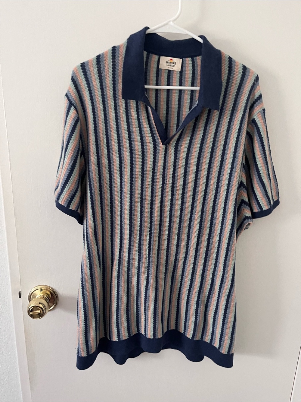 Marine Layer Liam Sweater Polo Cool Multi Stripe Johnny Collar V-Neck XL